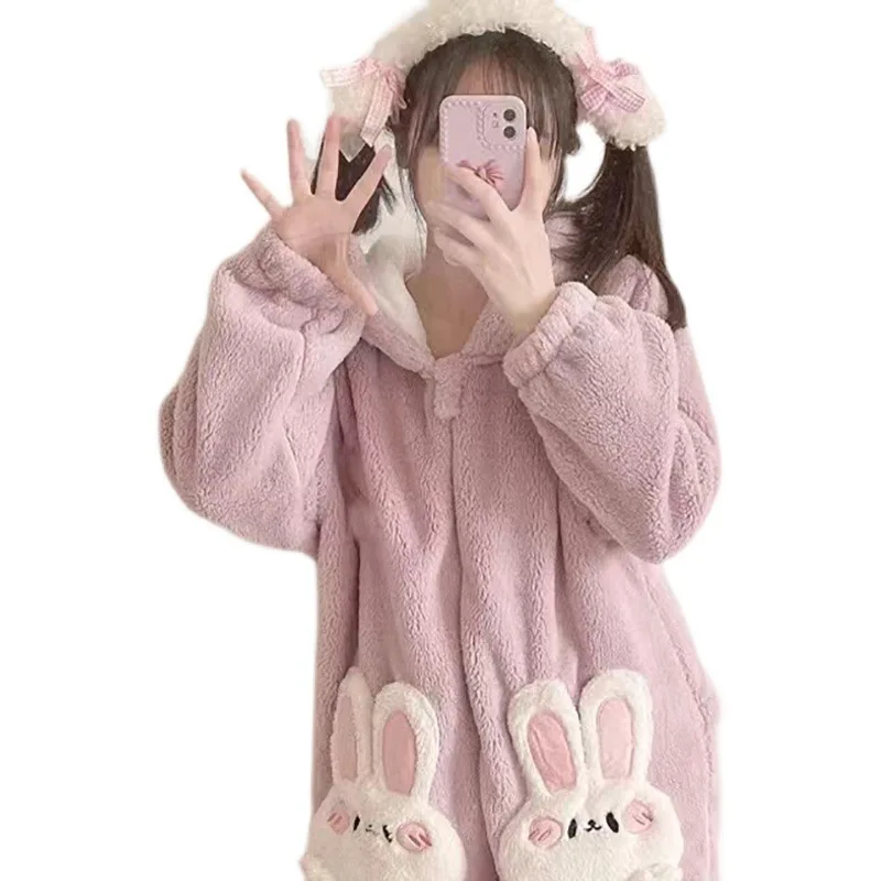 Autumn Winter Women Cute Onesies Pajamas Coral Fleece Warm Cartoon Rabbit Ears Hooded Sleepwear Girls Sweet Home Clothes Pyjamas