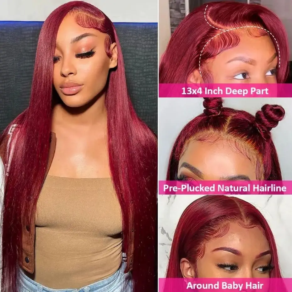 Bone Straight Brazilian Human Hair Lace Frontal Wig 99j Burgundy HD Transparent 13x4 13x6 Lace Frontal Wigs For Women PrePlucked