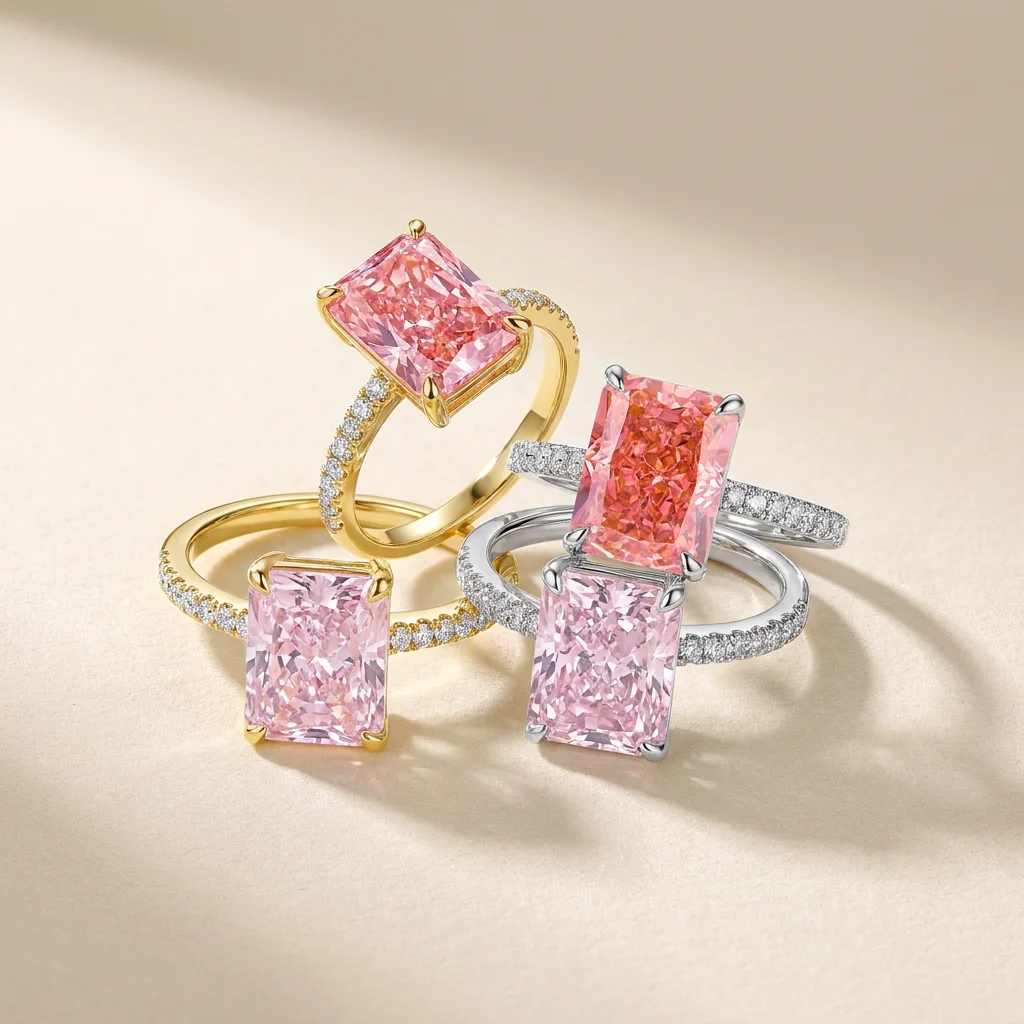 S925 Sterling Silber Platin- und Goldbeschichtete Qualitäts-Ringe mit Rosa Rechteckigem Zirkon im Sparkle Ice Cut für Damen, Feiner Schmuck – Detail 4