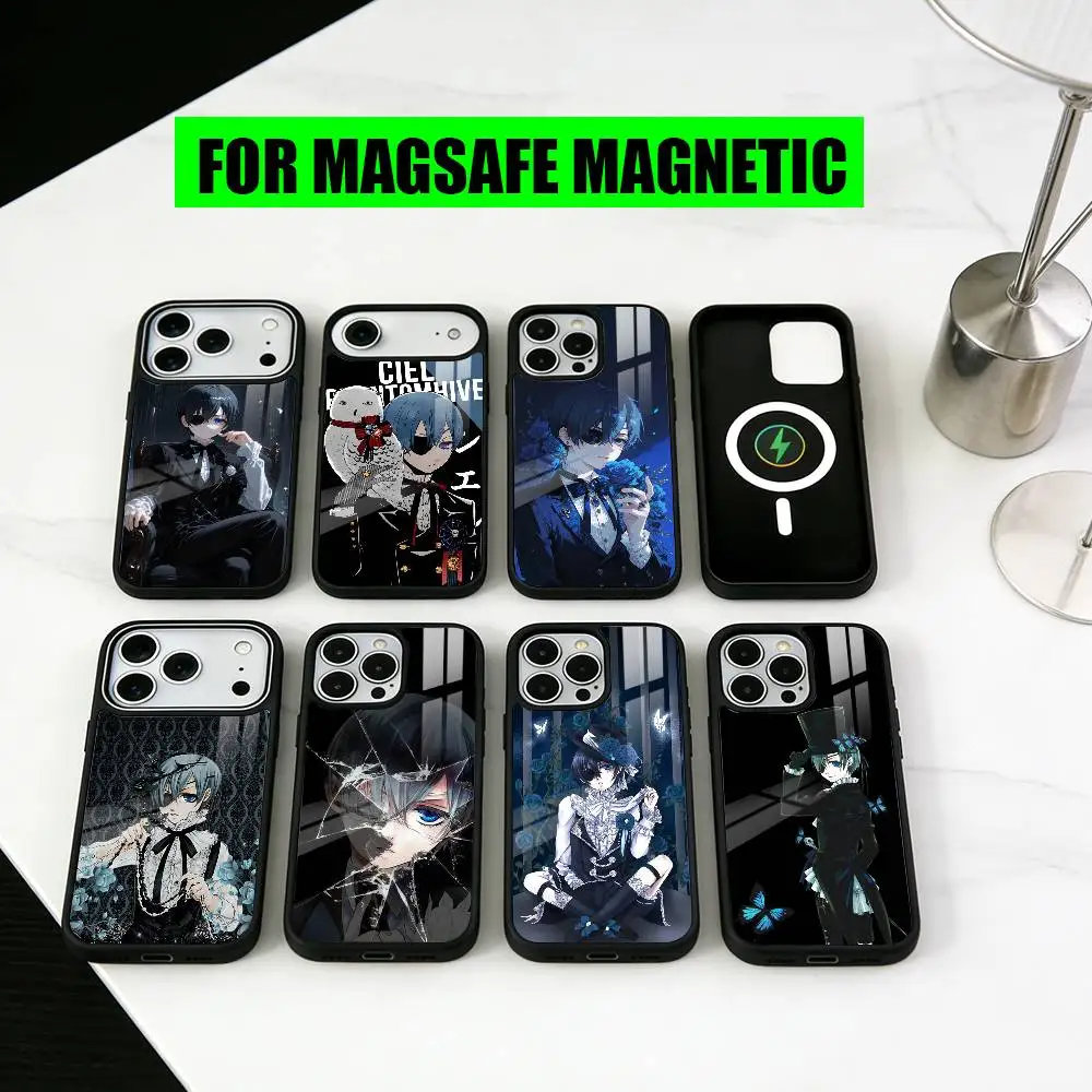 

Black C-Ciel P-Phantomhive Butler Phone Case For iPhone17,16,15,14,13,12,11 Plus,Pro Magnetic with Magsafe Wireless Charging