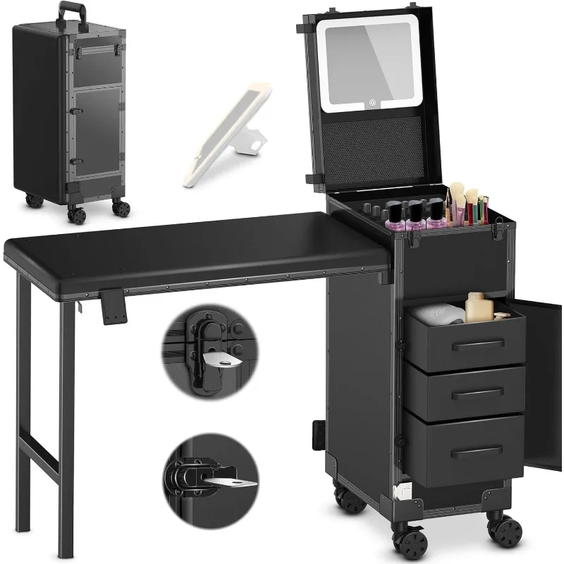 Rolling Portable Manicure Table with 3 Drawers, Mirror & Nail Polish Organizer, Lockable Makeup Train Case Foldable Desk