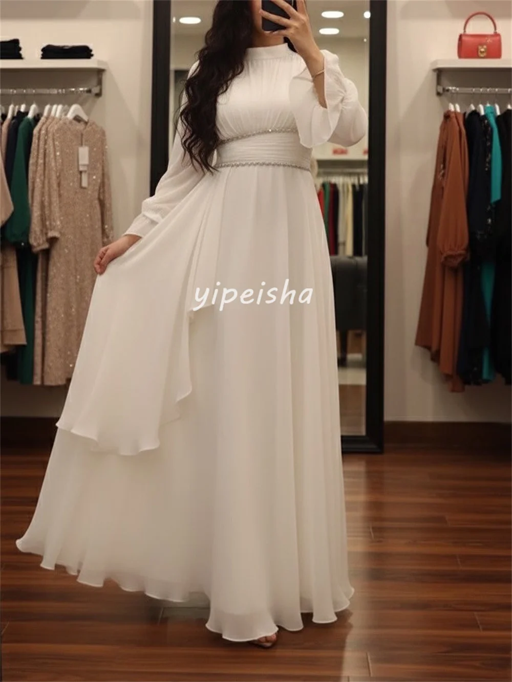 Eleganckie, szyfonowe sukienki wieczorowe z plisami, drapowanym szarfem, zdobione cyrkoniami, o kroju litery A, z wysokim kołnierzem, dostępne różne rozmiary, modne.