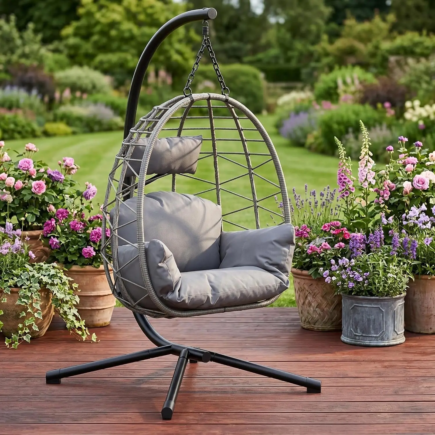 Sedia a dondolo sospesa a forma di uovo con cuscino e poggiatesta, ideale come amaca, con supporto, pieghevole, in rattan, per giardino, balcone, patio e cortile.