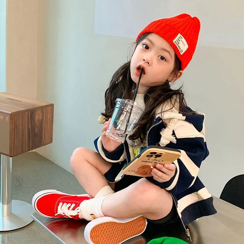 Fashion Baby Girl Boy Cotton Striped Hooded Jacket Zipper Child Hoodie Coat Autumn Spring Baby Outfit Clothes 2-12Y