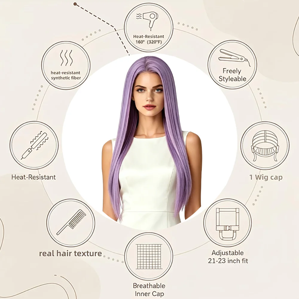 

Lavender Purple Long Straight Cosplay Wig 13x4 Lace Front Wig For Women Halloween Party Pre Plucked Heat Friendly Synthetic Wig