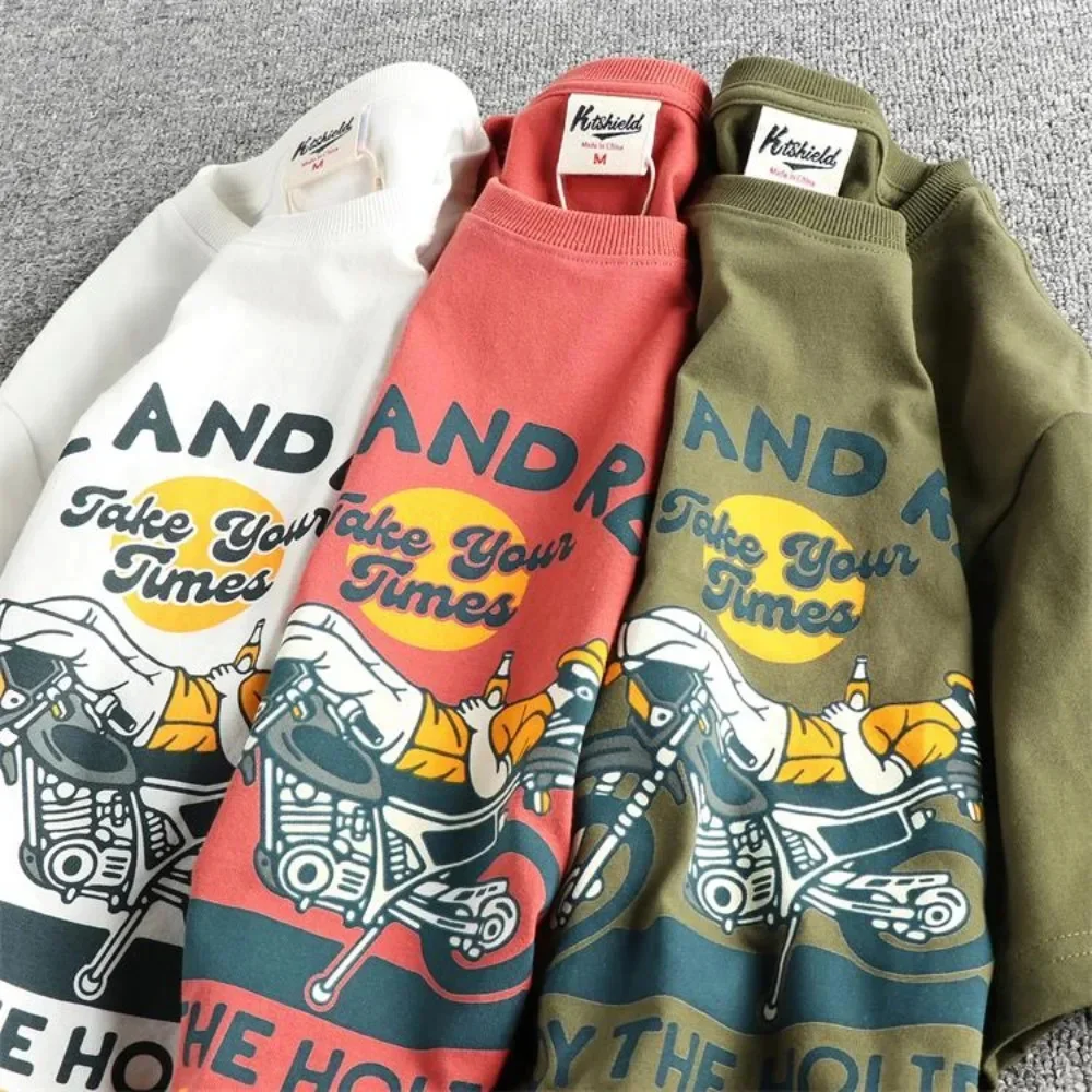 

Летняя новая интересная винтажная футболка с короткими рукавами и мотоциклетным узором из чистого хлопка, трендовые мужские и женские футболки из шерсти