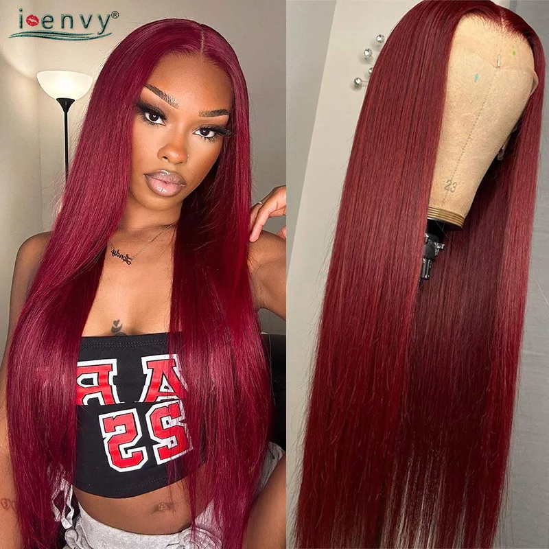 13x6 99J Burgundy Lace Front Human Hair Wig Straight 13X4 Hd Lace Frontal Wigs Pre Plucked Women Red Lace Front Wigs 32 Inches