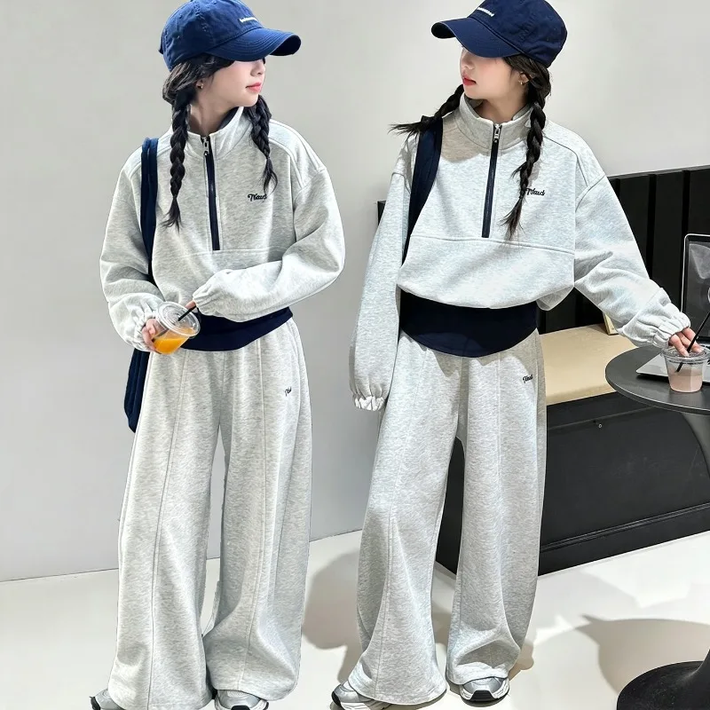 UNITIM Teenager-Mädchen-Zweiteiler-Set, Herbst, Kinder-Mädchen-Stehkragen-Sweatshirt, Trainingsanzug, lockere Sporthose für Kinder, Mädchen – Detail 3