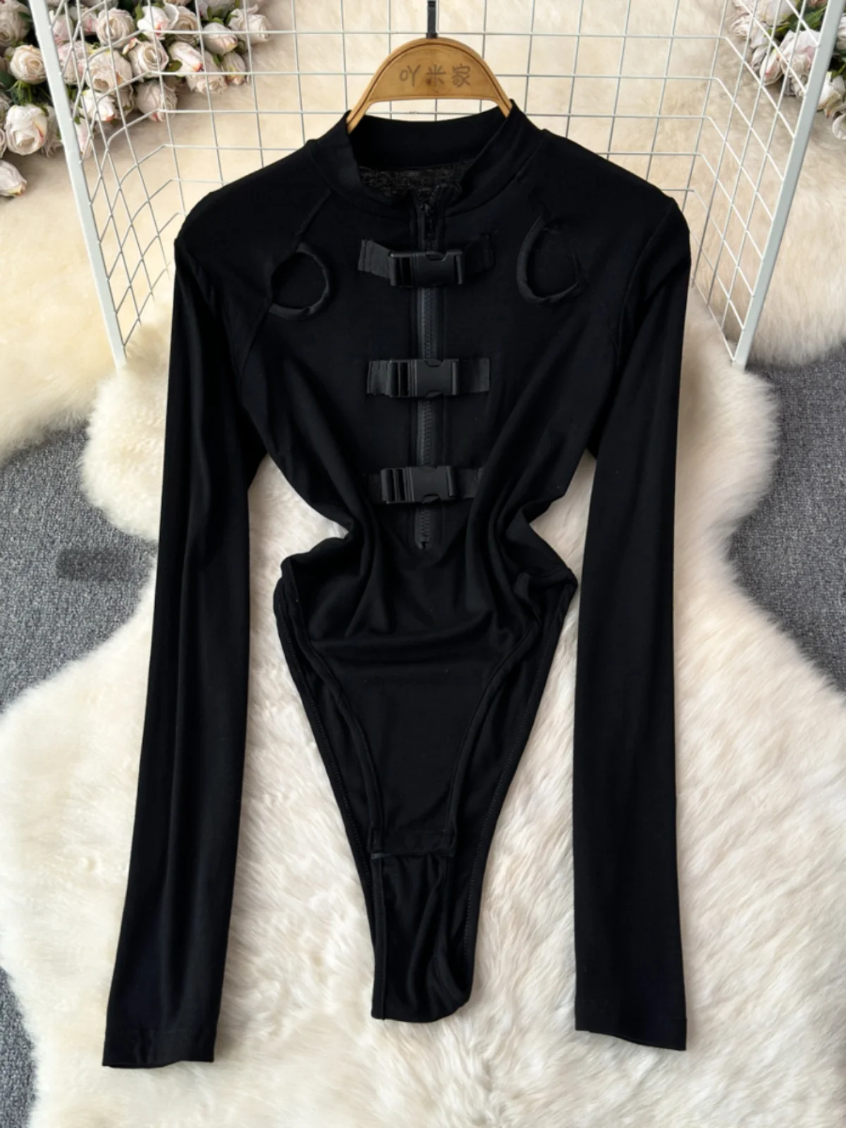 Foamlina Spring Autumn Fashion Black Long Sleeve Bodysuits Women Sexy Cut Out Front Zip Up Stand Collar Skinny T Shirt Body Tops