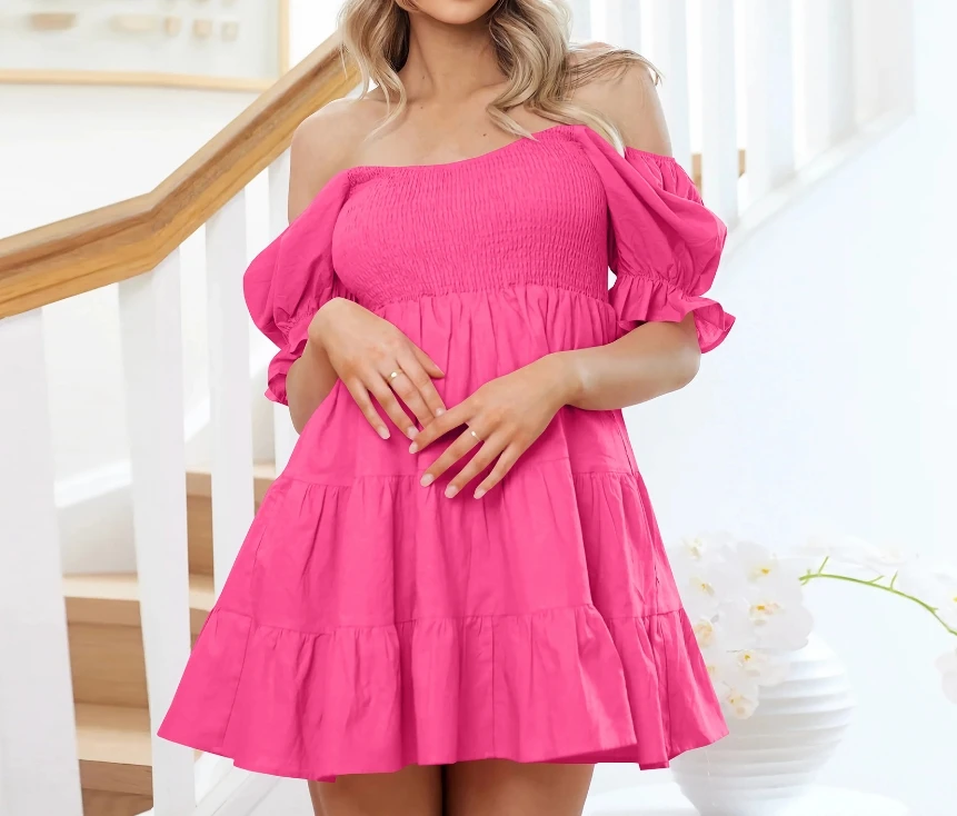 

Sexy Women's Summer Dress 2024 Casual Strapless Ruffled Cake Skirt Slim Fit Elegant Lantern Sleeves Off The Shoulder Short Dress