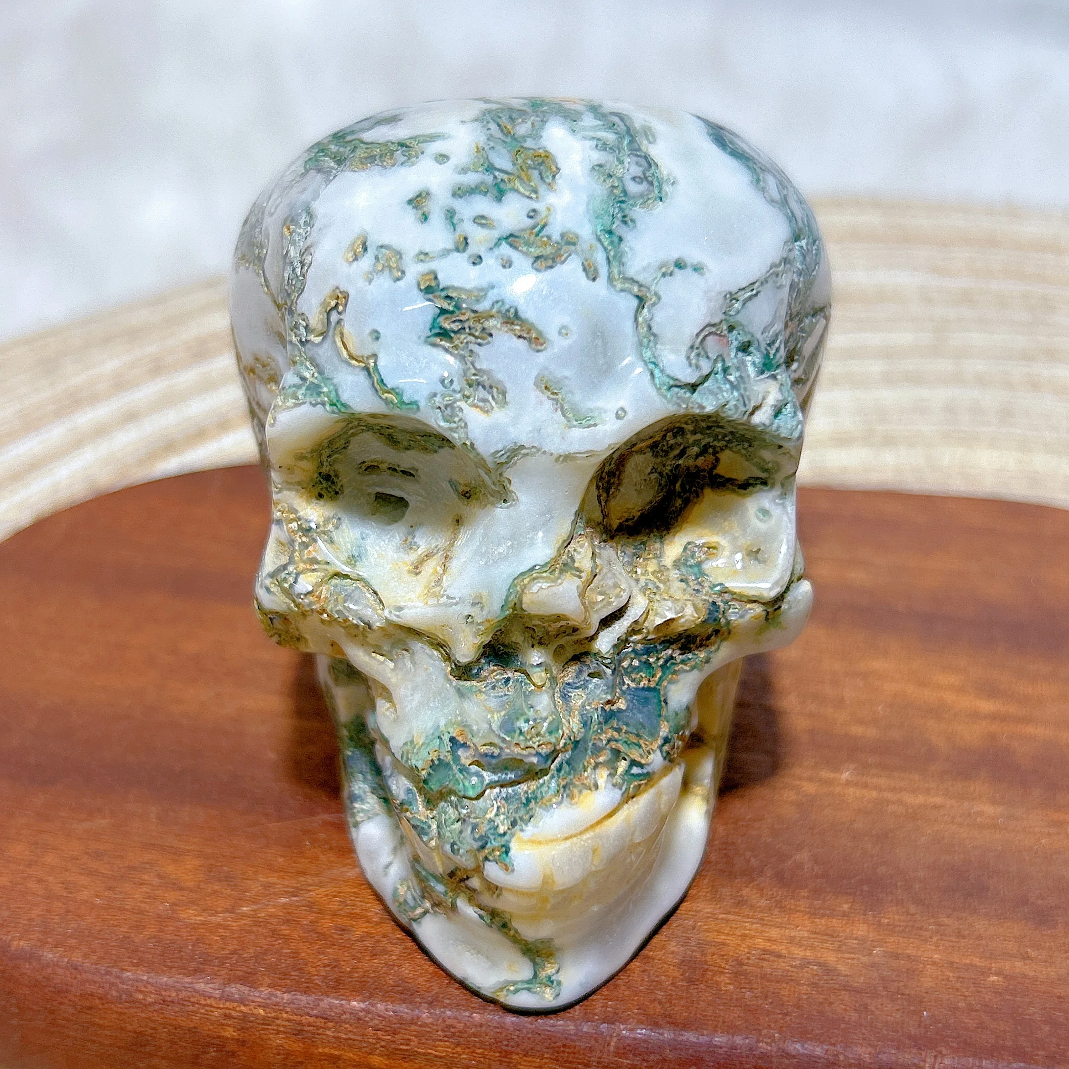 

Healing Natural Crystal Moss Agate Skull Carving Polished Gemstones Energy Reiki Ore Home Decorations Room Decor Gift
