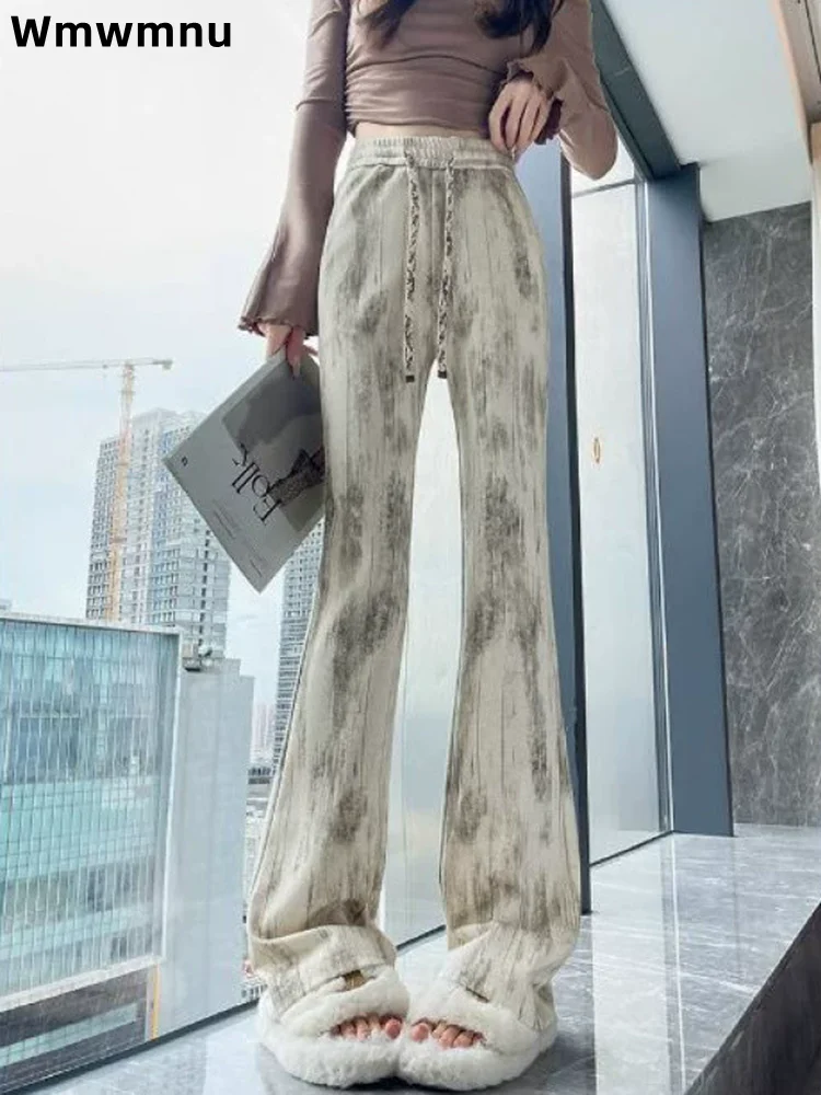 Tie Dye Straight Bootcut Sweat Pants Women's Casual High Waisted Strench Slim Pantalones Wide Leg Lace Up Fashion Trousers