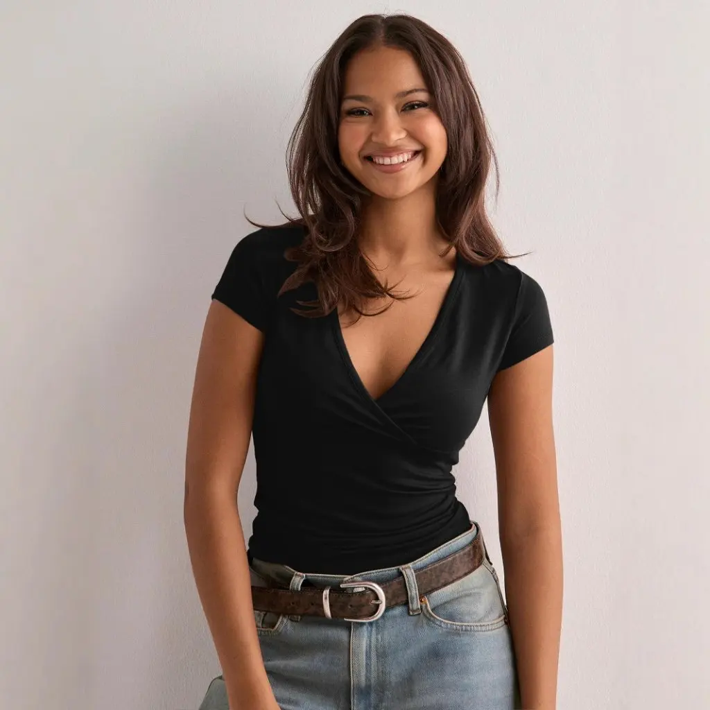 

Spring Summer Y2K Women's Slim Fit V-Neck T-Shirt Solid Color Short Sleeve Top European American Style Fashion