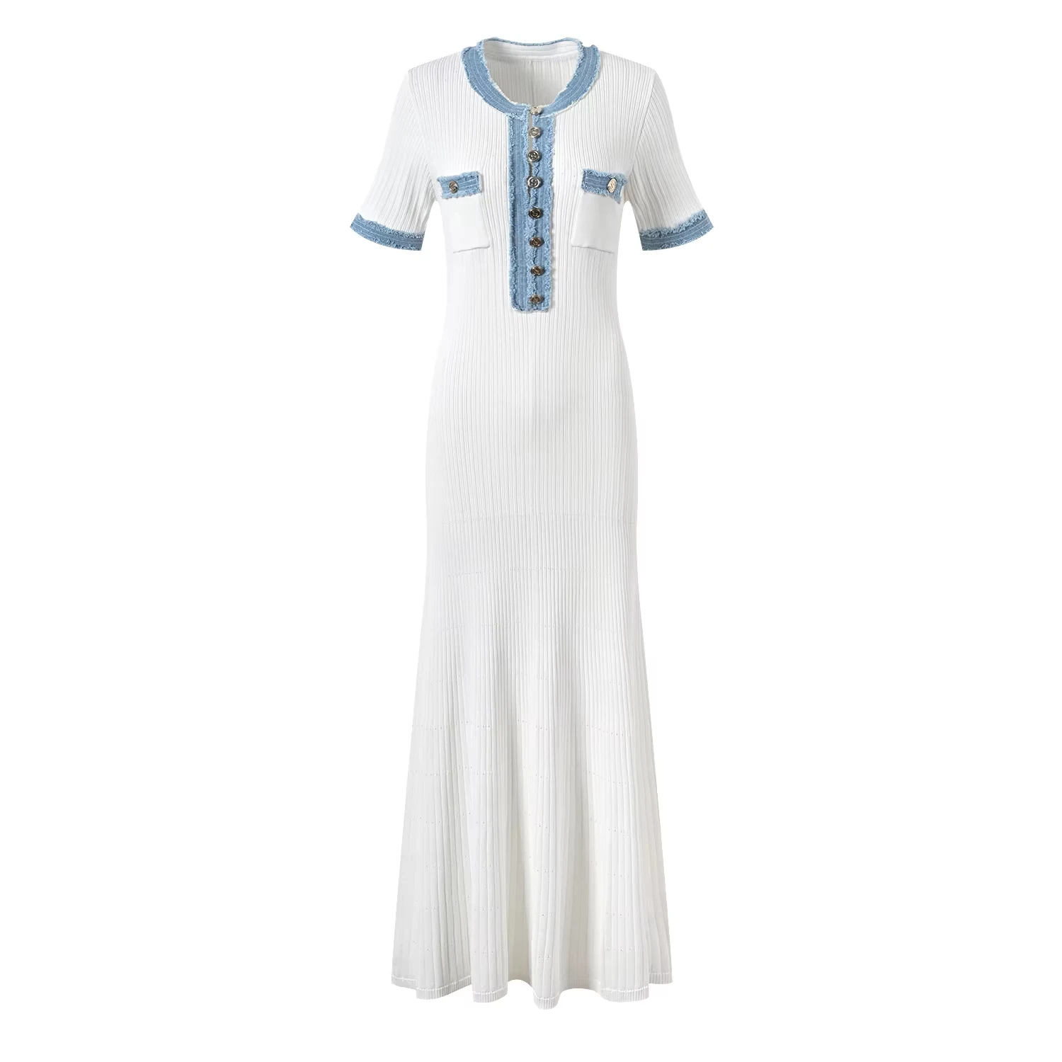 

New Arrival O-neckline Women Knitted 2024 Spring Summer Elegant Short Sleeve Bodycon Ladies Fashion Single-breasted Maxi Dresses