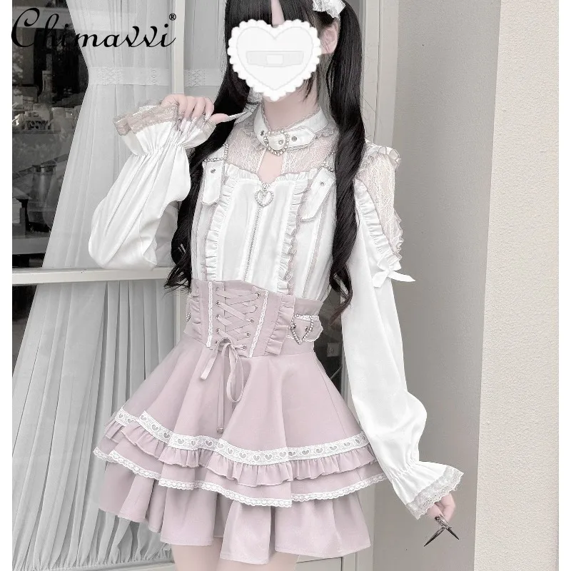 

Original Japanese Subculture Cake Skirt Set Mass-Produced Long-Sleeve Lace Shirt High-Waisted Slim Skirt Lolita Two-Piece Set
