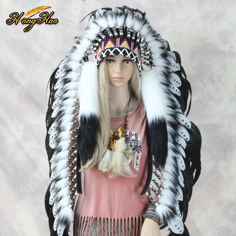 Handmade Cosplay Hat Black White Big Indian Feather Headdress Replica Made Headpiece Costumes Halloween Party Costume Decoration