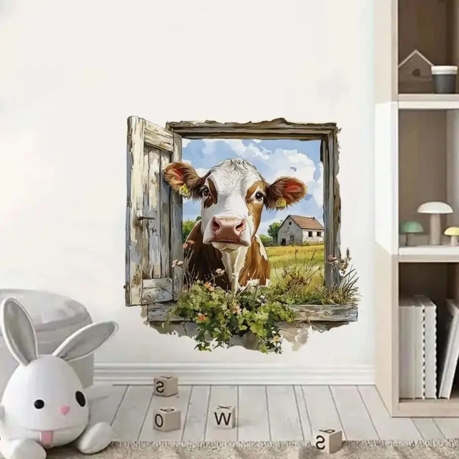 

Cartoon Farm Window Cow Cat Rabbit Watercolor Wall Sticker Child Room Study Refrigerator Kitchen Decal Wall Art Mural Home Decor