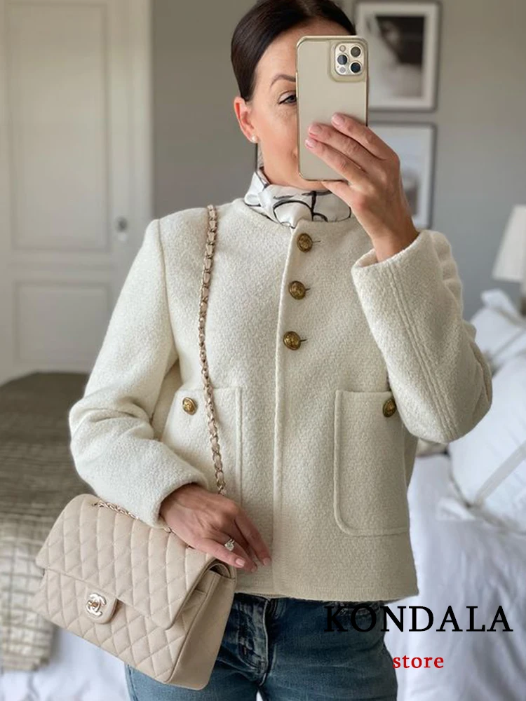 KONDALA Vintage Woolen Loose Elegant Jackets Women Button Pocket Solid White Coats Women Fashion 2022 Autumn Office Lady Outwear