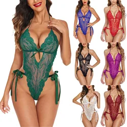 Sexy Bodysuits Women Lace Lingerie For Sexy Backless Solid Color One-Piece Bodysuit Strappy Halter Erotic Costume Teddies