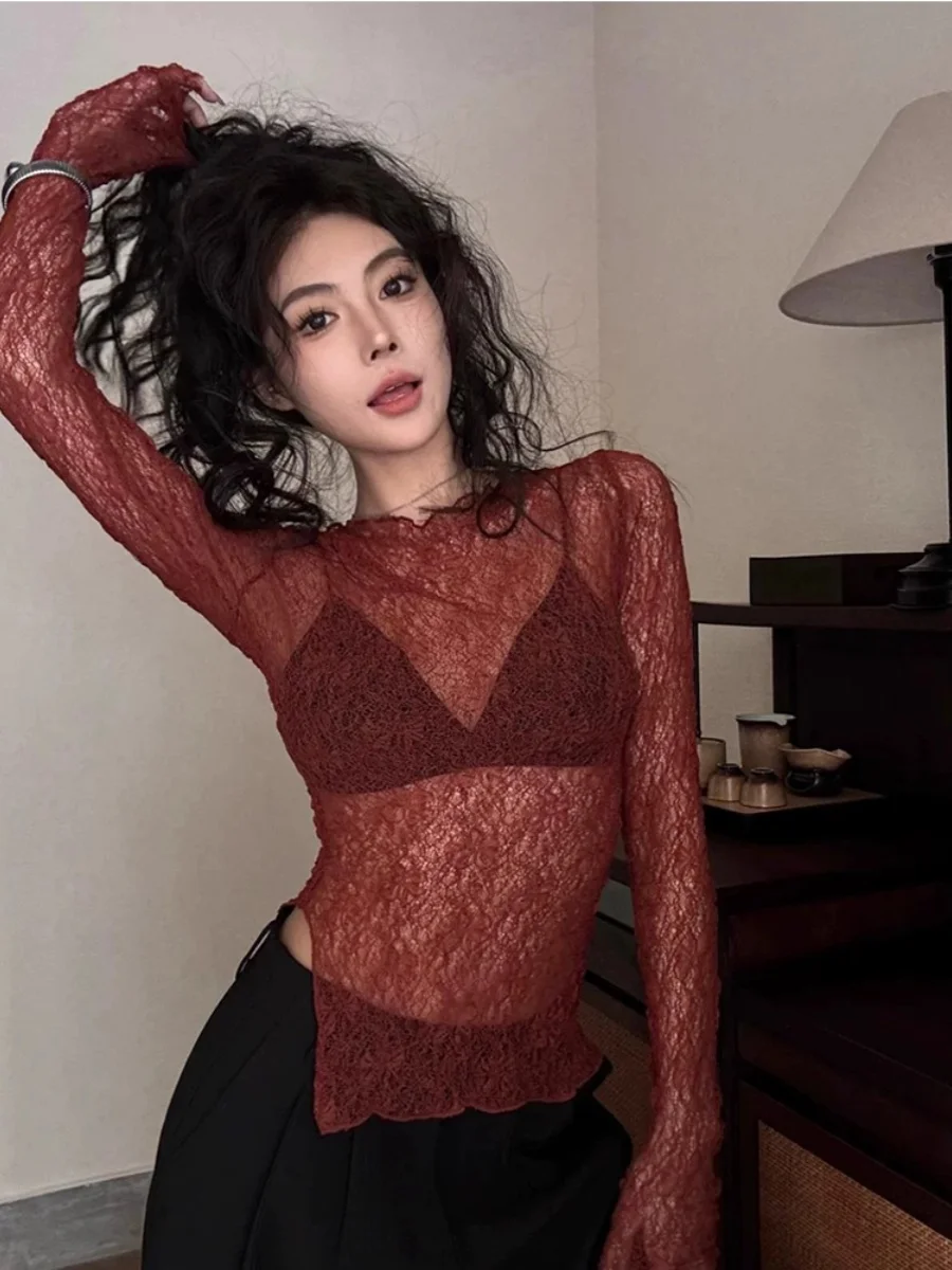 

Женский сексуальный полупрозрачный круглый топ Ele Lace irt, модный утягивающий топ, весна 2024, корейский Sle для поездок на работу