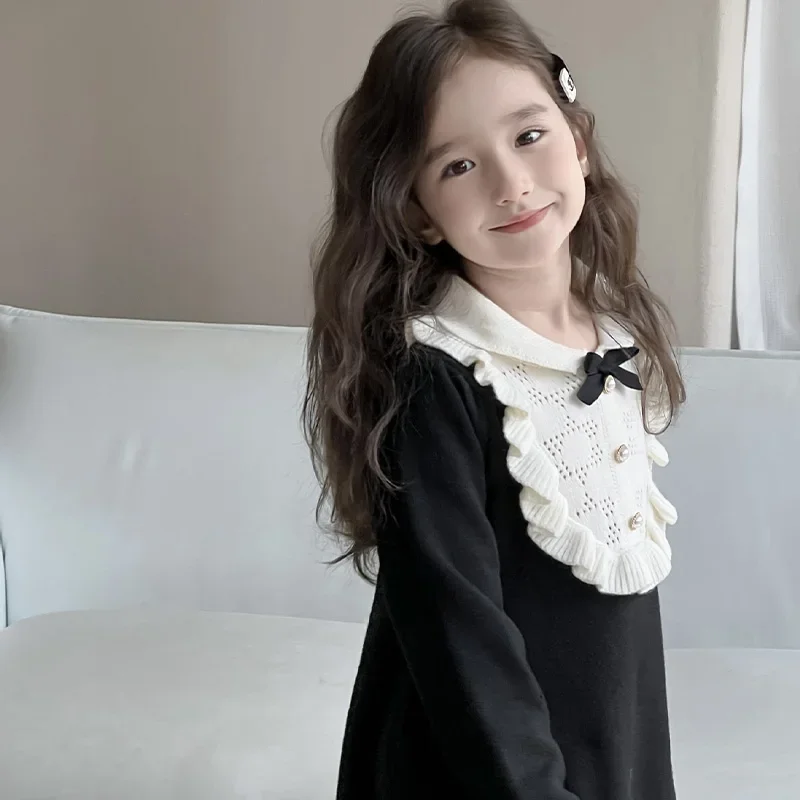 2-8Y Girls Knitting Wool Long Sleeve Princess Dress Autumn Winter Warm Sweater Dress Kids Casual Clothes