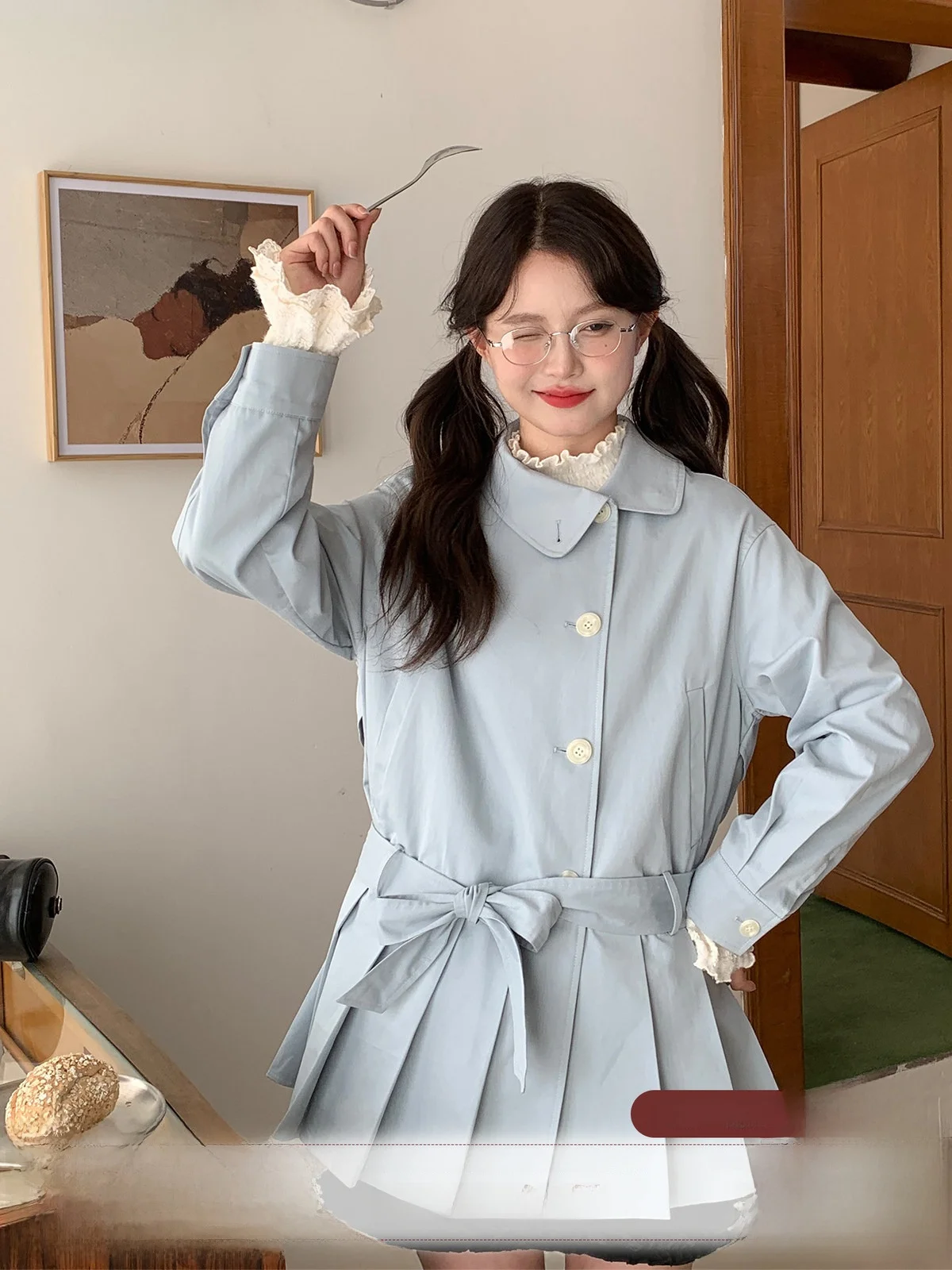 

Muche Sweet Fre Girl Small Middle Length Pleated Collar Mis Blue Windbreaker Coat Women Spring Autumn Straight Cut Cotton