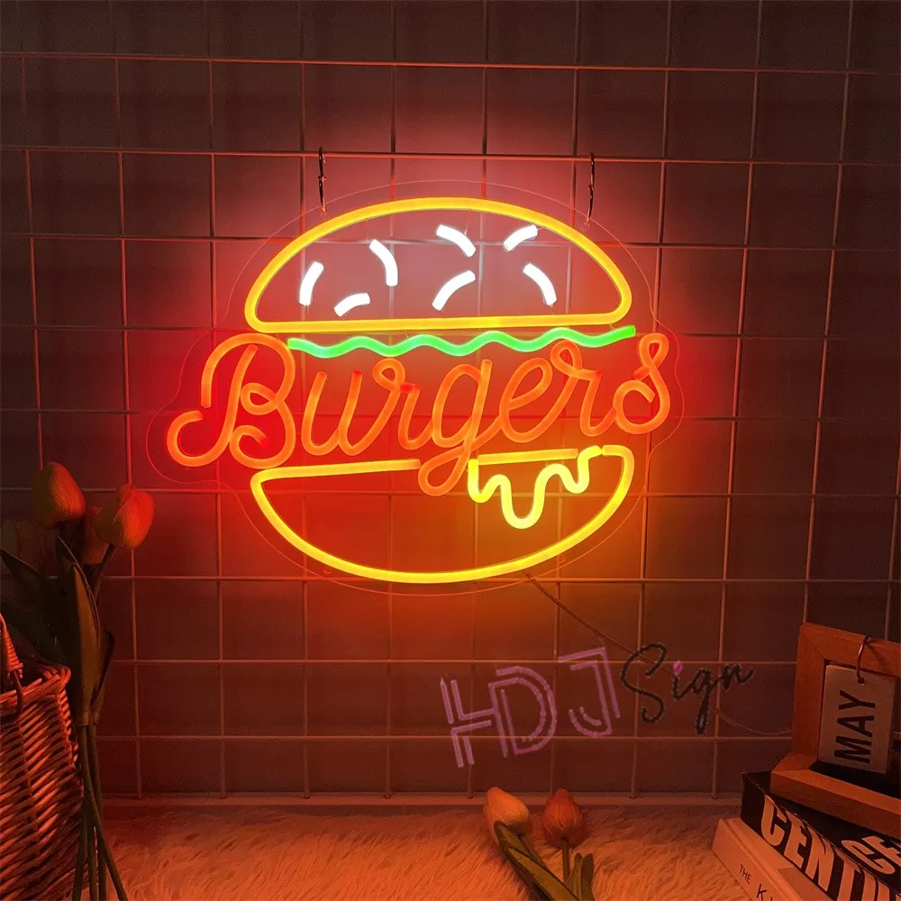 Burger Fries Neon Sign For Wall Decor Art Hamburger LED Neon Light Fast Food Business Sign For Home Restaurant Man Cave Decor