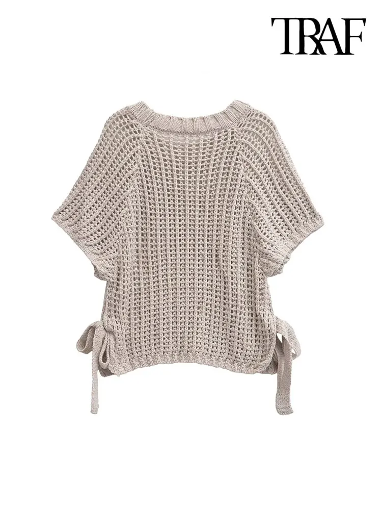 TRAF-Women's Knitted Sweater with Side Straps, O Neck, Short Sleeve, Female Pullovers, Chic Tops, Fashion