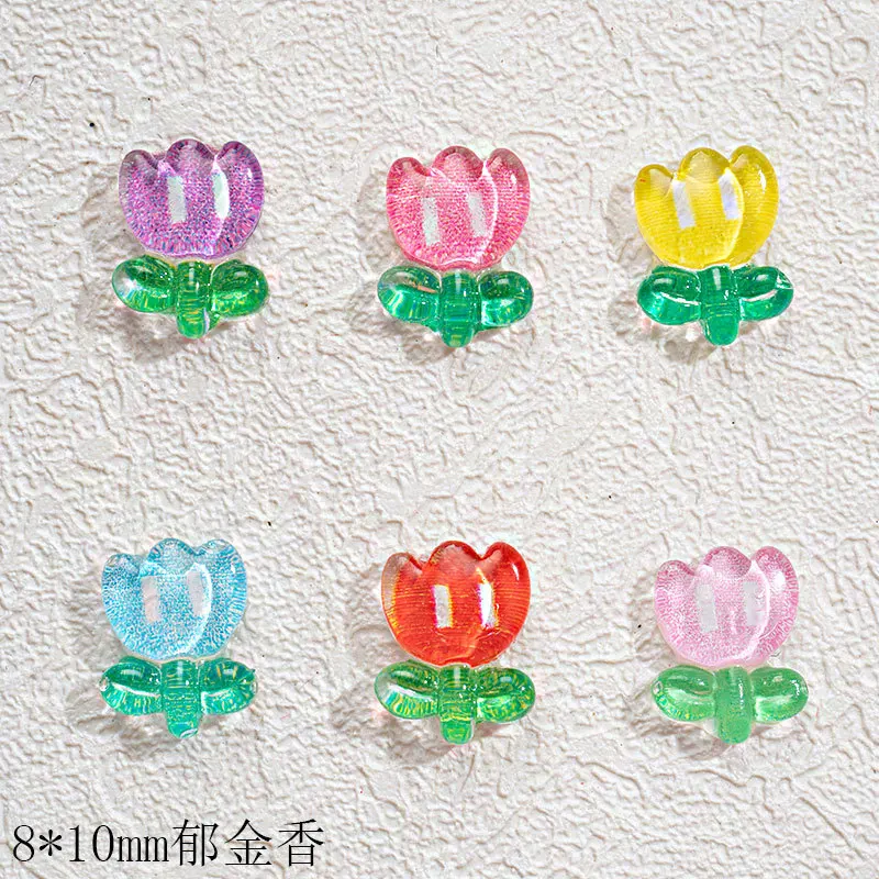 100 Stück/Packung 8 x 10 mm Tulpenblüten-Nagelanhänger – halbtransparente Kunstharz-Nagelkunst, süße und zarte Nageldekoration für die Maniküre