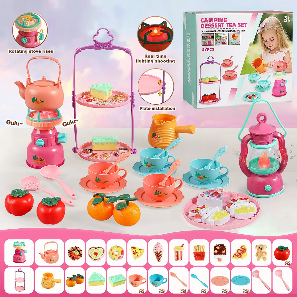 

Tea and dessert set for little girls, picnic light and dessert tea set, with kettle, tea party accessories toys, holiday gifts