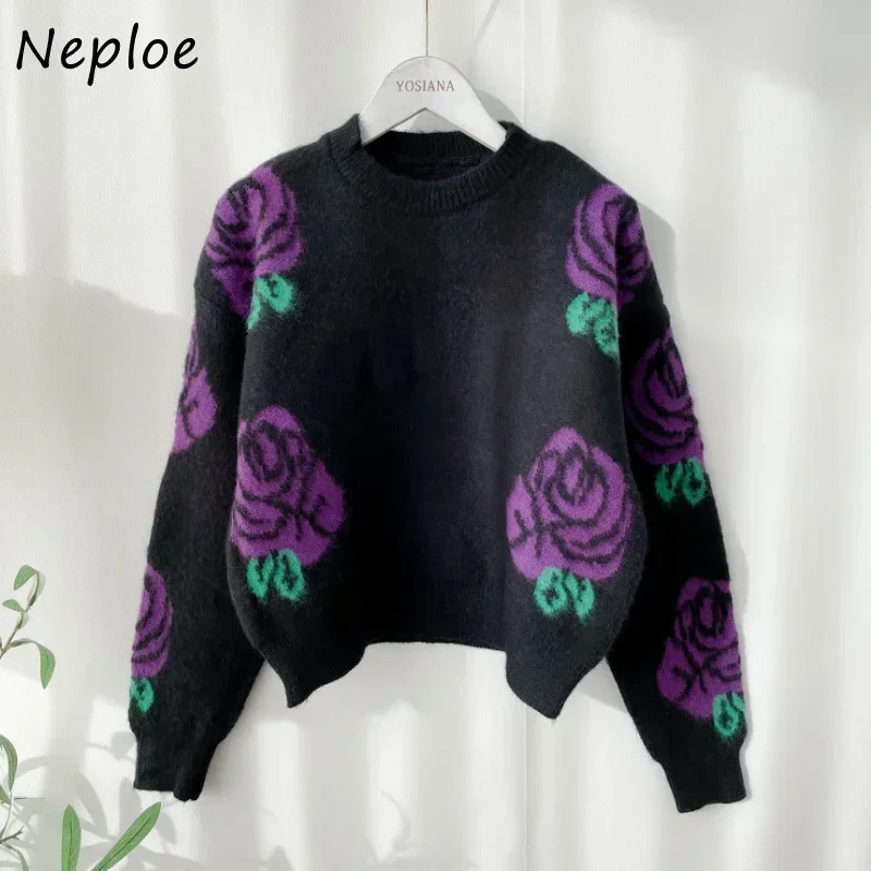 Neploe Autumn O Neck Contrast Color Flower Long Sleeve Pull Femme Jersey Mujer Jumpers Vintage Knitted Pullover Sweater Y2k