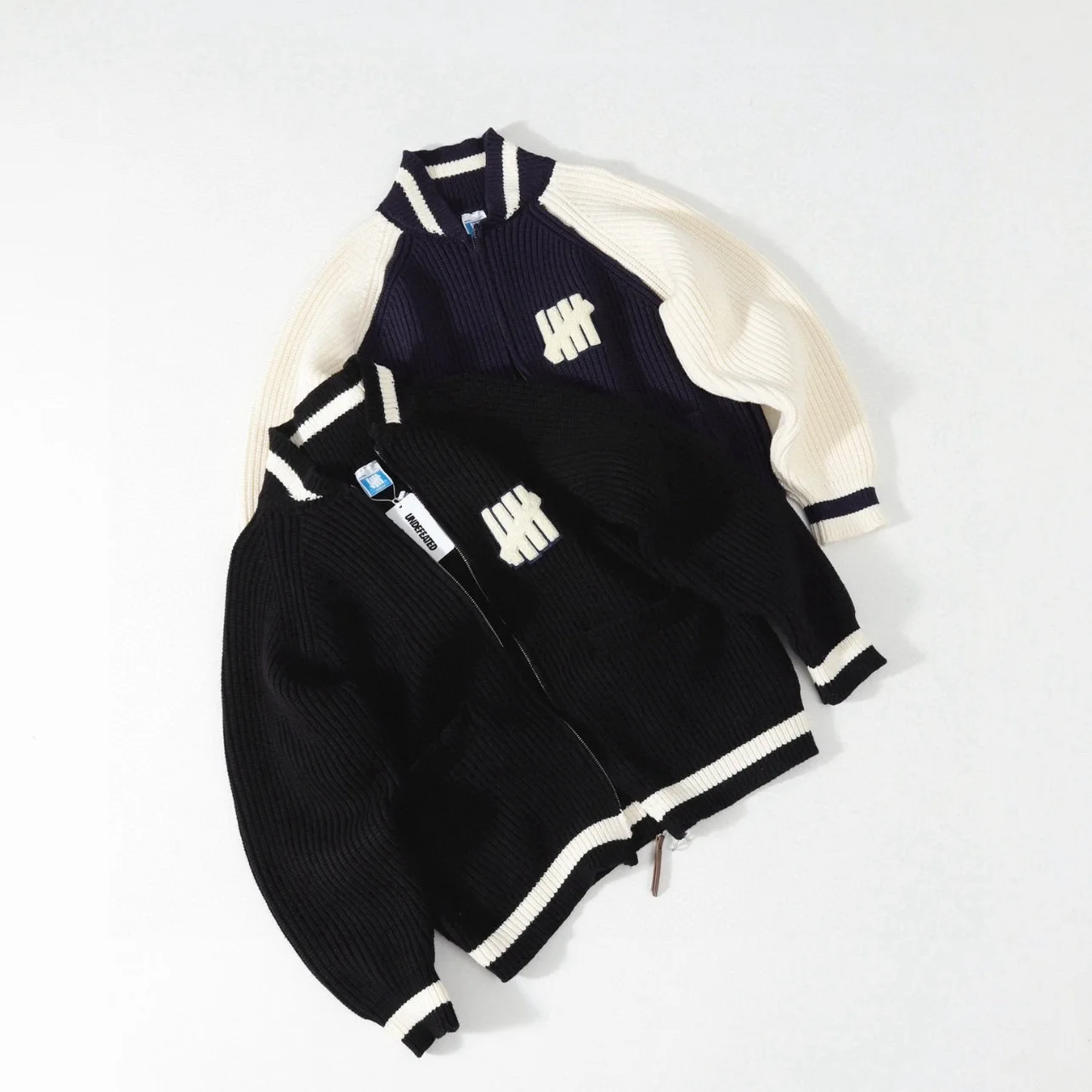 UNDEFEATED Heavyweight Varsity Knit Jacket - Unisex Zip-Up Color Block Sweater with Applique Embroidery & Baseball Collar