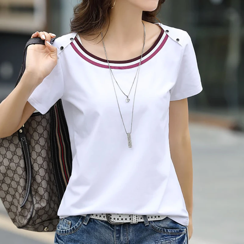 

Summer Women Short Sleeve T Shirt Korean Fashion O-Neck Button Cotton Tees Womens Tops Casual Loose Basic T-shirts White Clothes