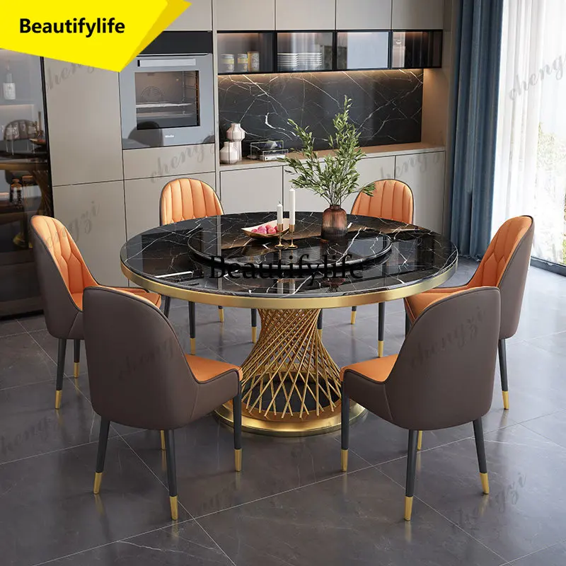 

A53 Luxury round dinning Marble Rock Slab dining table set modern 6 chairs mesa comedor sillas furniture Stainless steel gold ba