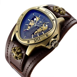 Men Mechanical Wrist Watch Cool Watch riangle Racing Dial Waterproof Golden Skeleton Automatic Movement Mechanical Watch for Men