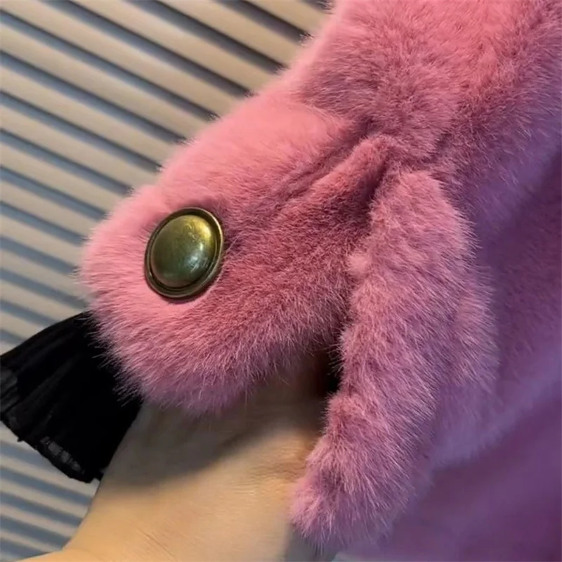 عالية الجودة فو فرو المنك معطف قطعة واحدة للنساء الخريف الشتاء سترة جديدة عيد الميلاد معركة رداء سترة معطف الإناث #6