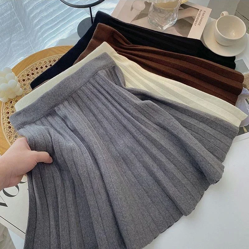 High Waist Knitted Pleated Skirts Women Y2K Fall Winter Korean Sweet Preppy All Match Mini Skirts Female Casual A Line Skirts