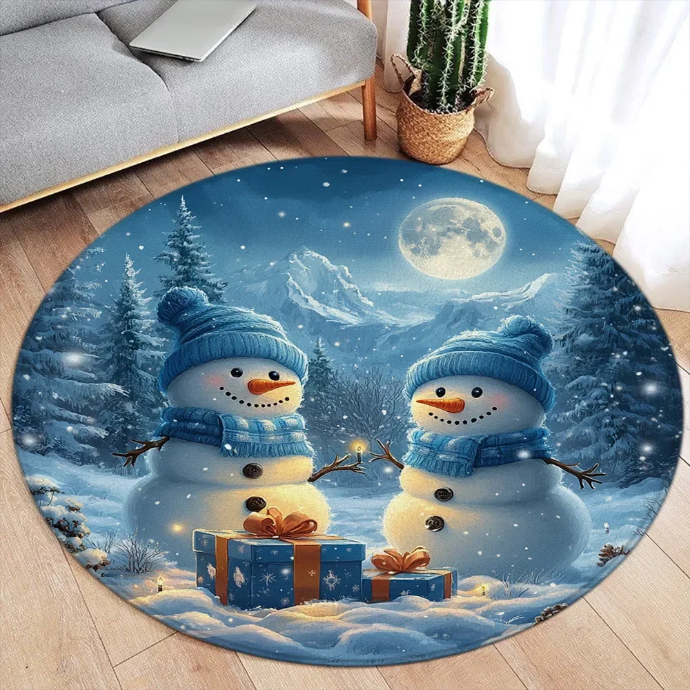 

Crystal Velvet Blue Snowman Round Rug,Winter Forest Moon Print Non-Slip Floor Mat for Living Room, Bedroom, Christmas Home Decor