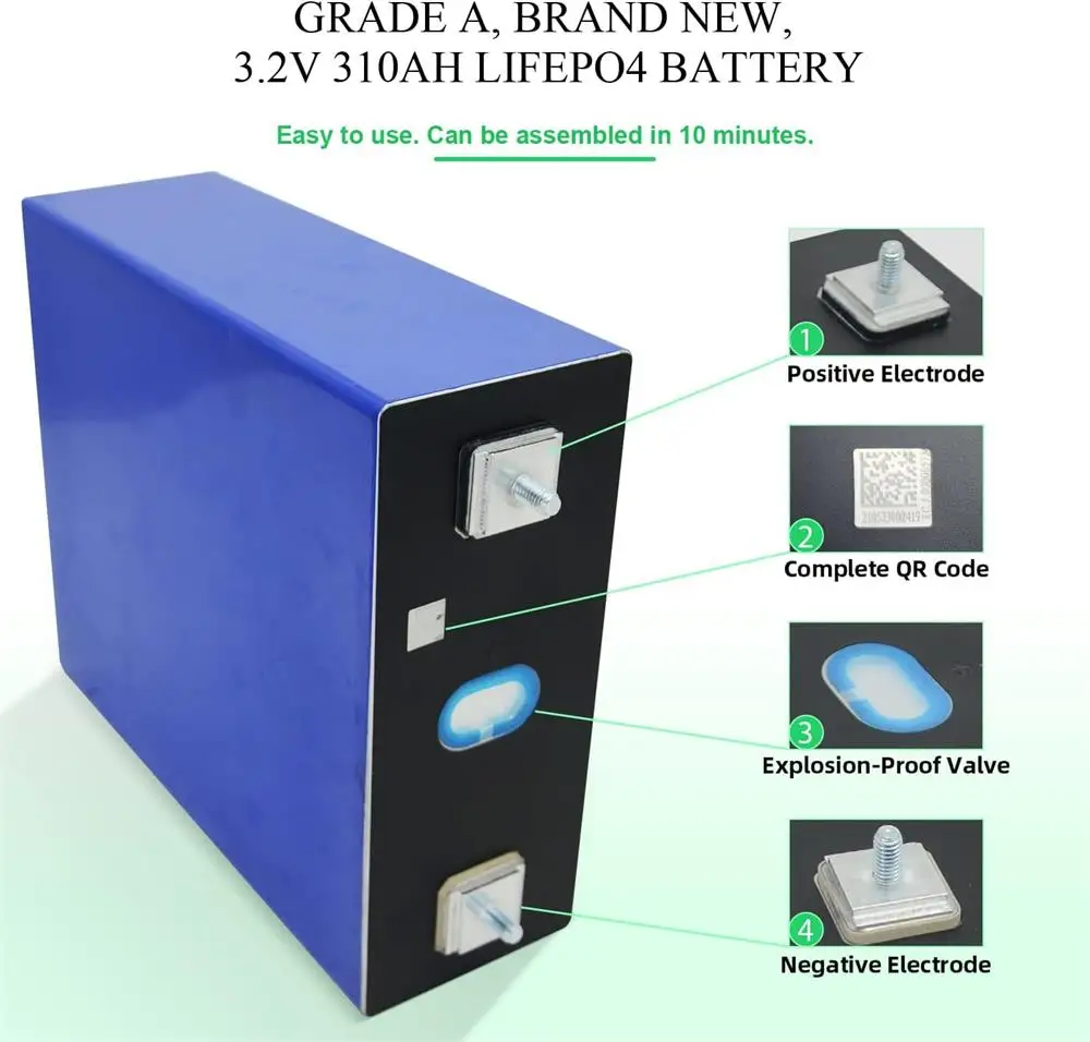 3.2V 310AH LiFePO4 Battery Cell Grade-A, 6000+ Cycles Clear QR Code DIY 12V 24V 48V Lithium Iron Phosphate Battery with Studs