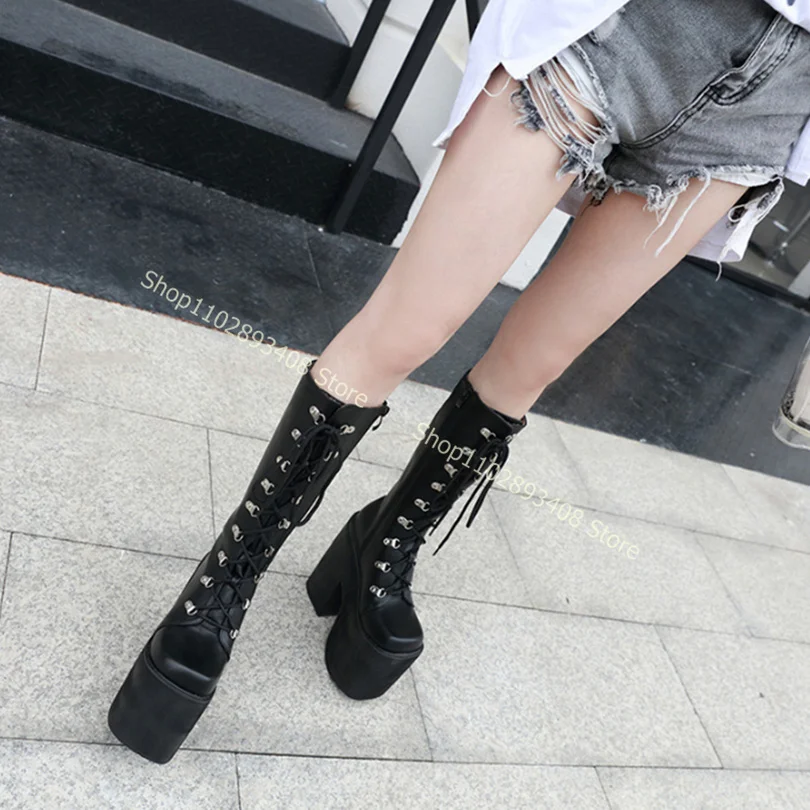 

Round Toe Matte Leather Platform Boots Side Zipper Solid Cross Band Chunky High Heel Women Spring Shoes 2023 Zapatos Para Mujere