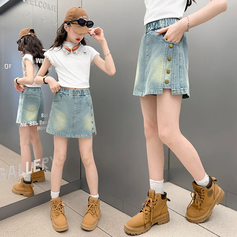 Kids Children Fashion Summer Denim Protective Shorts Under The Skirt With Buttons for Teenage Girl Casual Mini Short Jeans Skirt