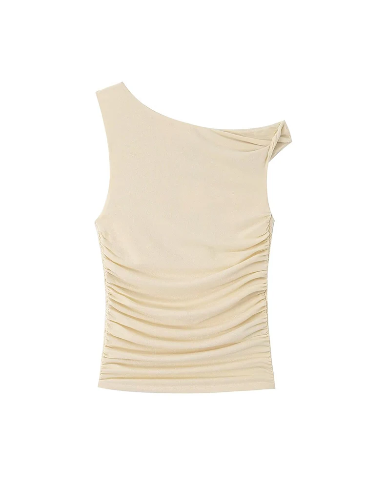 2026 Summer Women Camisole Top Asymmetry Design Vacation Sexy Sleeveless Slim Fit Top New Solid Folds Simple Casual Tee Top