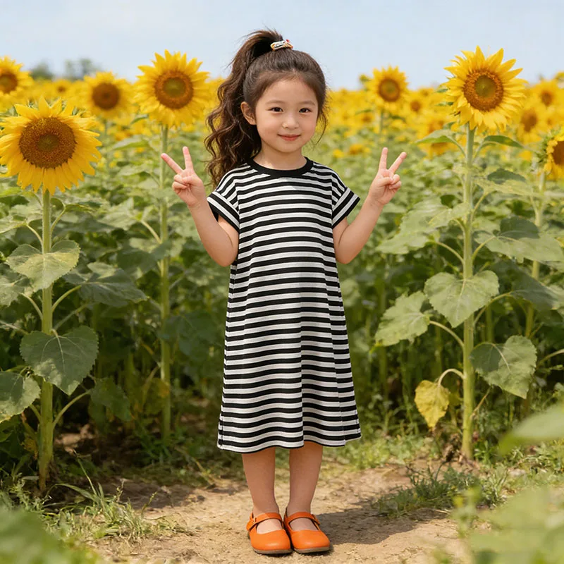Summer Children's Clothes Sets Casual Striped Short Sleeve Tops Shorts Sets Girls Loose Midi Dress Kids Outfits Sibling Matching