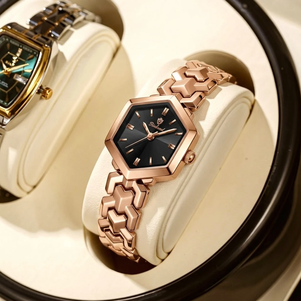 4pcs Women's Rose Gold Black Metal Elegant Heart-shaped Links Sunglasses Perfume Quartz Watch Gift Box Set Valentineentine's'Day