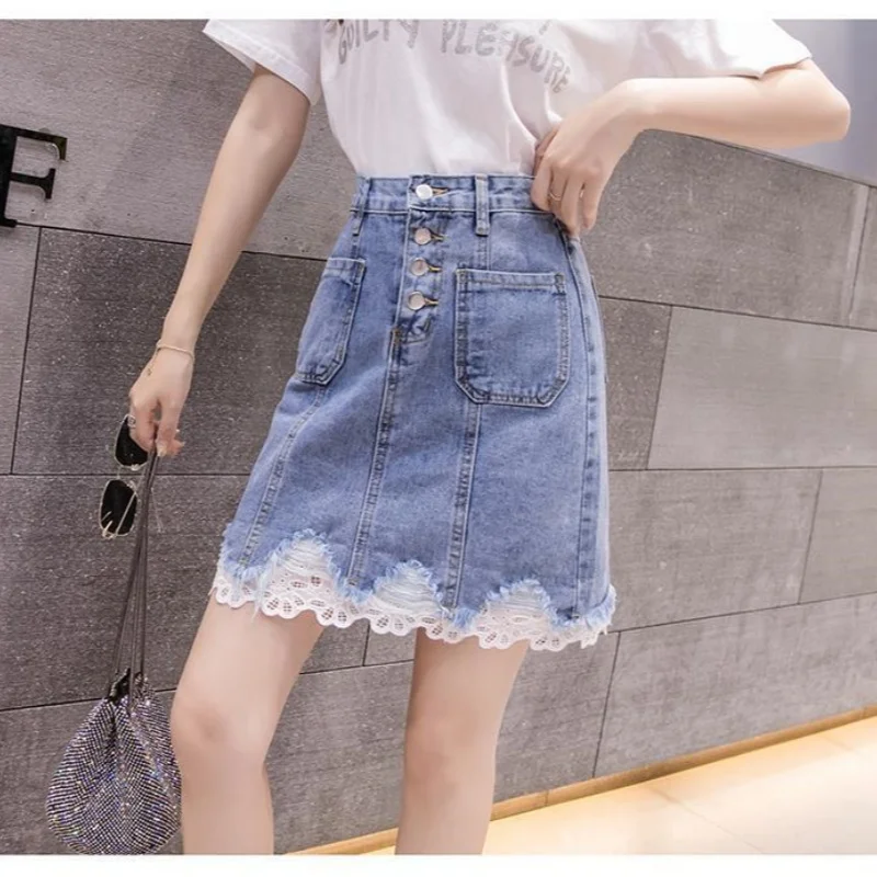 Faldas Denim Skirt Female Korean Version Of Fashion Breasted Lace Patchwork Lace High Fanny Pack Hip Skirt Ropa De Mujer Skirts