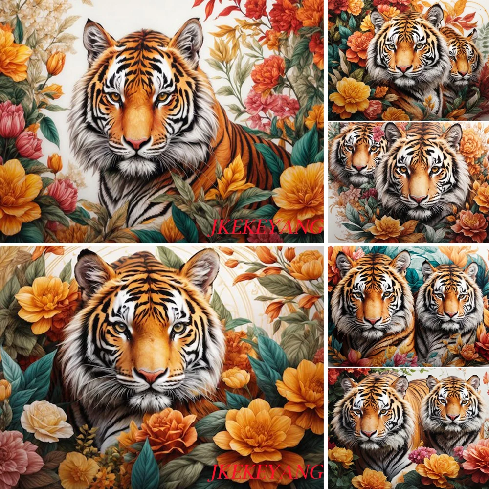 Diy Diamond Painting Mosaic Tiger and Flower Full Square Round Cross Stitch Embroidery Handmade Wall Decor