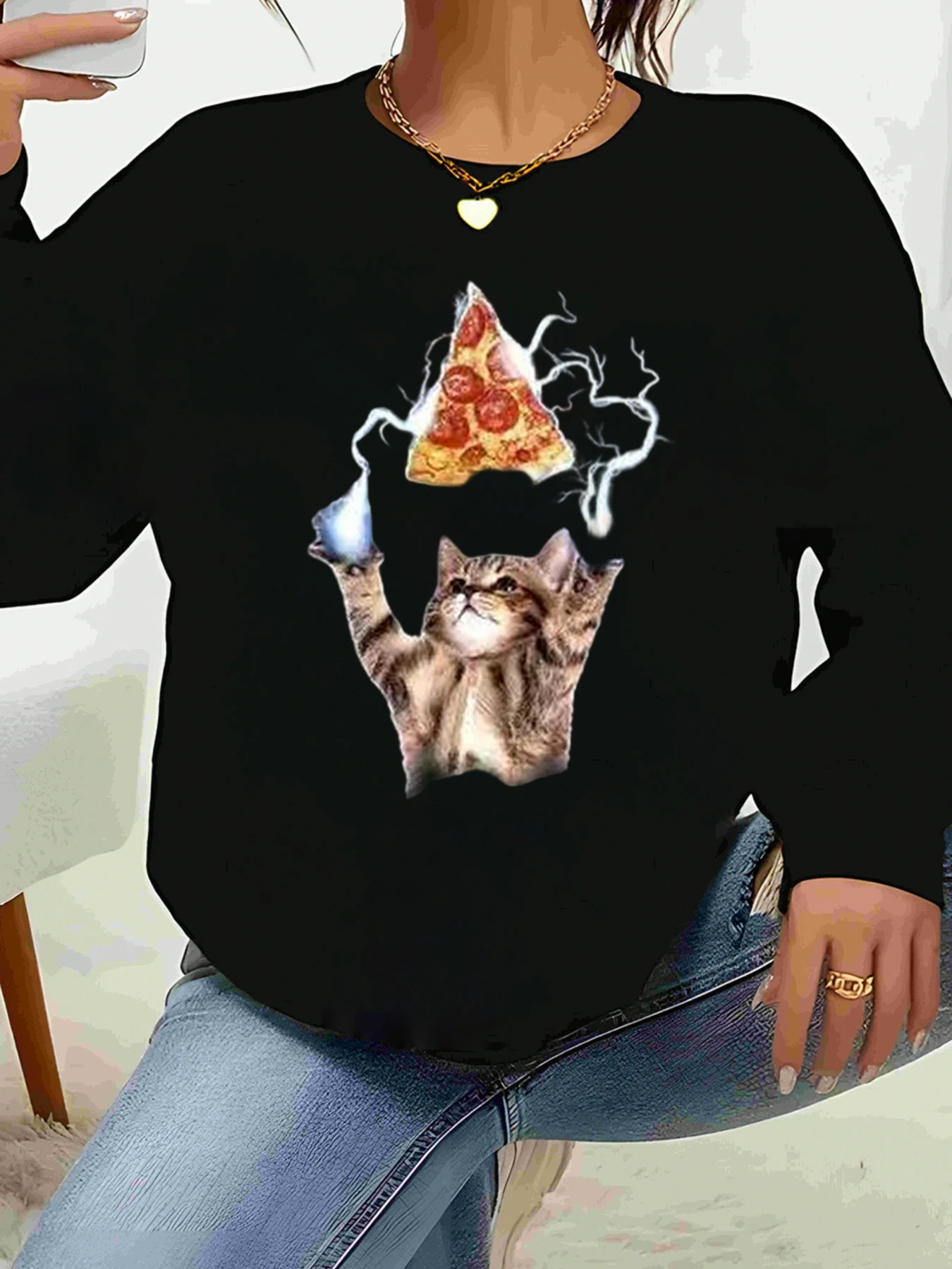 Chat et tranche de pizza imprimé magique haut à manches longues Halloween tenue décontracté femmes