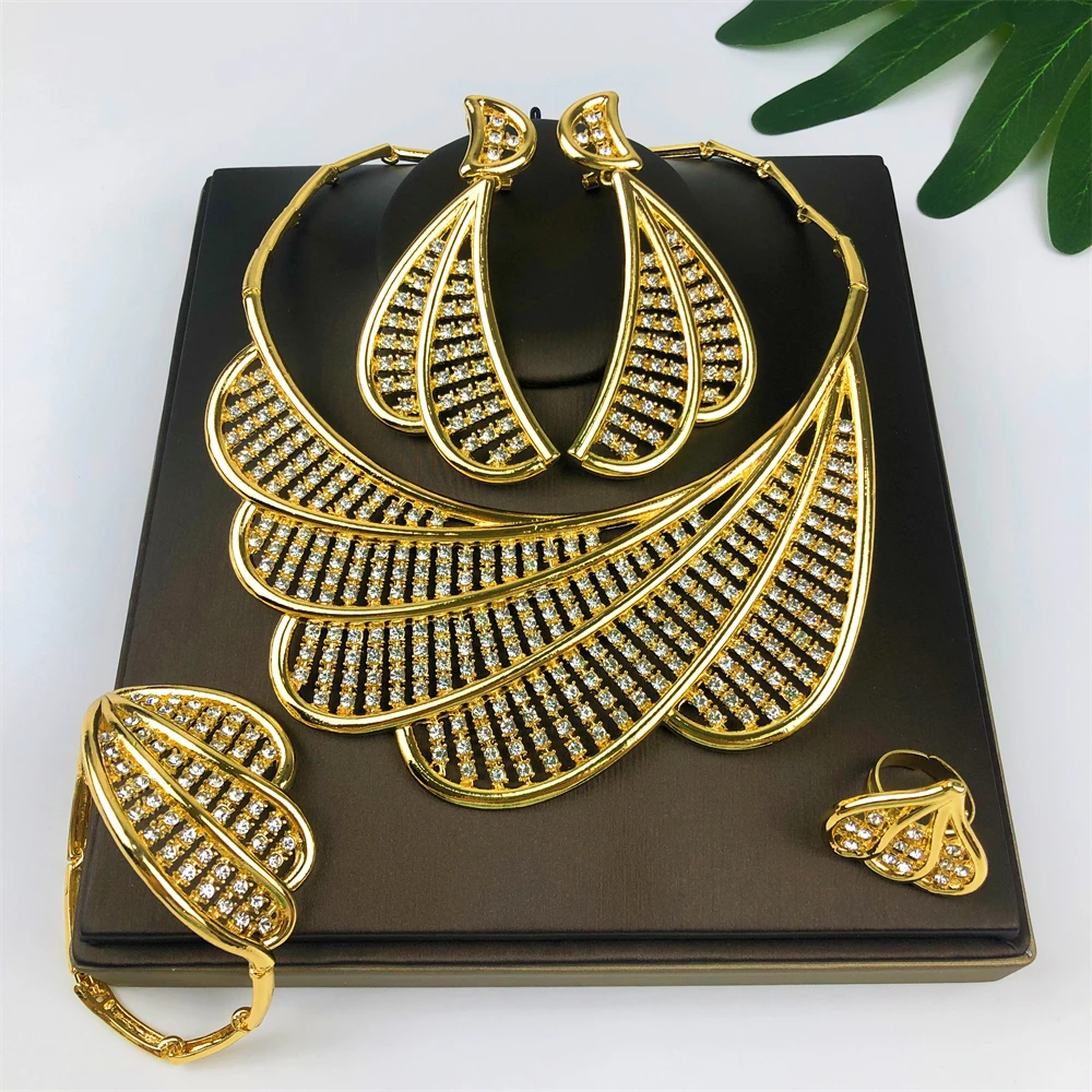 

Arabic Jewelry Set For Women High Quality 18K Gold Plated Jewelry Round Necklace Earrings Bracelet And Ring Wedding Party Gift