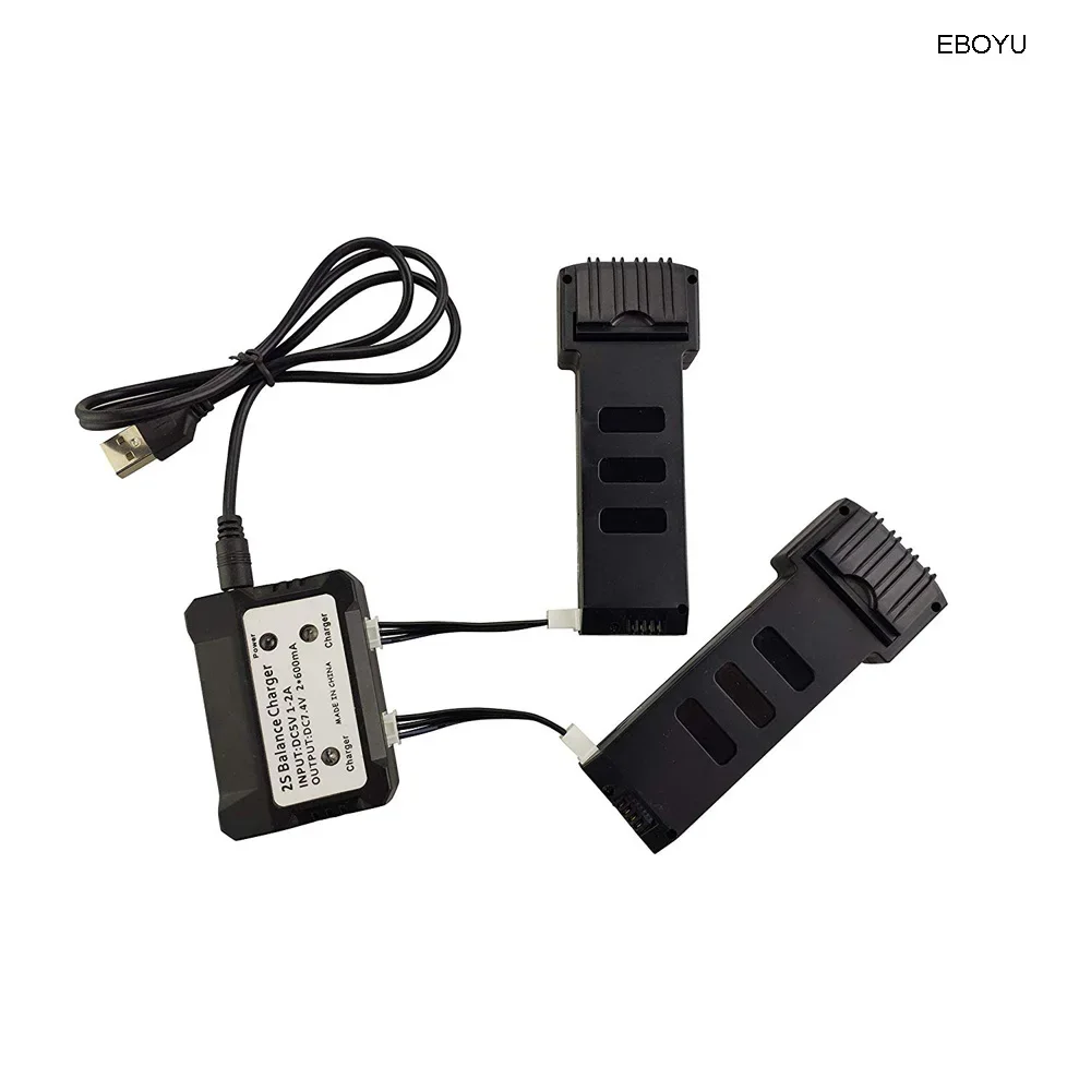 Ebooyu-ドローン用バッテリー2個 * 7.4v 1200mah,li-poバッテリー1〜2,e511 e511s rc用充電器,スペアパーツ