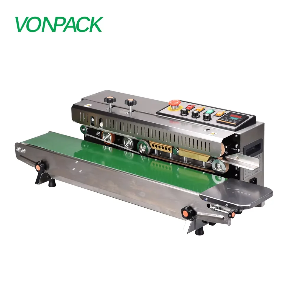 VONPACK FR-1000 ماكينة ختم شريط الطاولة الأوتوماتيكية من الفولاذ المقاوم للصدأ ماكينة ختم شريط المصنع المستمر تاريخ الطباعة